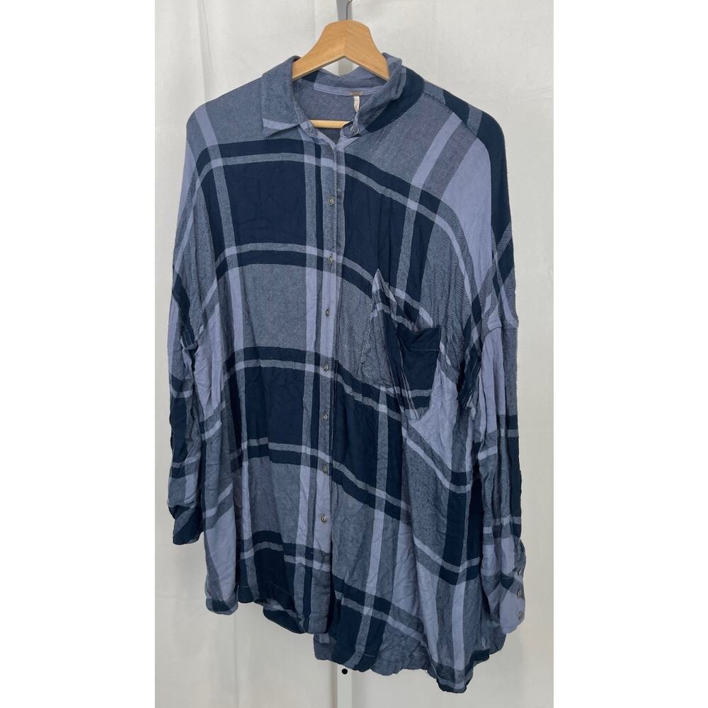 FREE PEOPLE Plaid Button Front Tunic Top Oversize Long Sleeve Shirt Blue Size M - Picture 10 of 10
